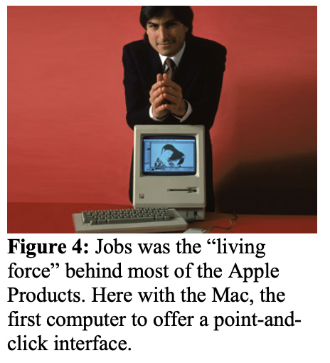 Textové pole:  Figure 4: Jobs was the “living force” behind most of the Apple Products. Here with the Mac, the first computer to offer a point-and-click interface.